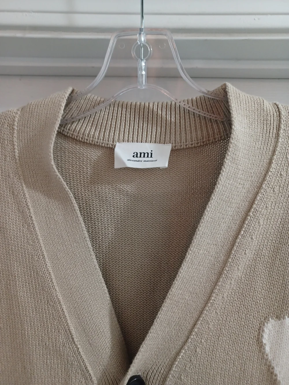 AMI Paris Beige Heart A Luxe Cotton Cardigan Sweater, L - Picture 3 of 10